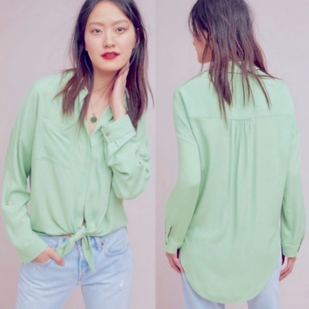Maeve Anthropologie Pastel Green Tie Front Blouse M NWT
